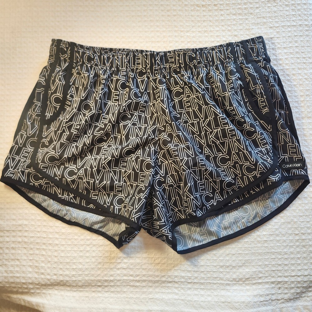 CALVIN KLEIN logo women's running shorts like new size large L black white logo‎